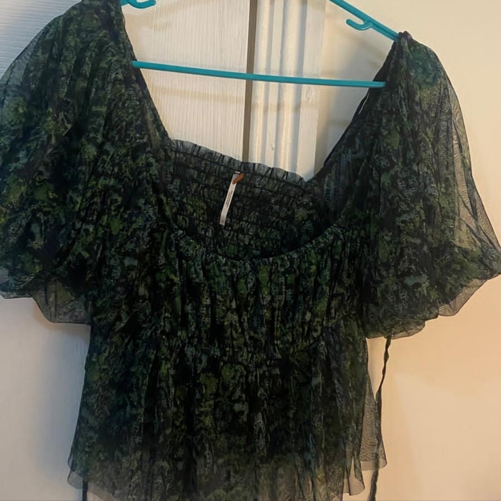 Free People Black and Green Sheer Blouse